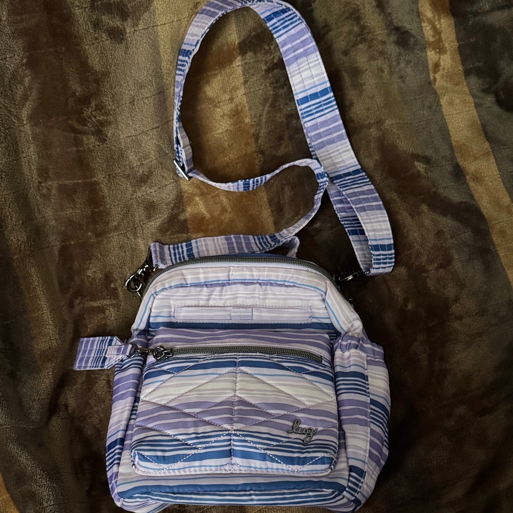 New without tags Lug Blue, Mauve and White Striped Crossbody Bag